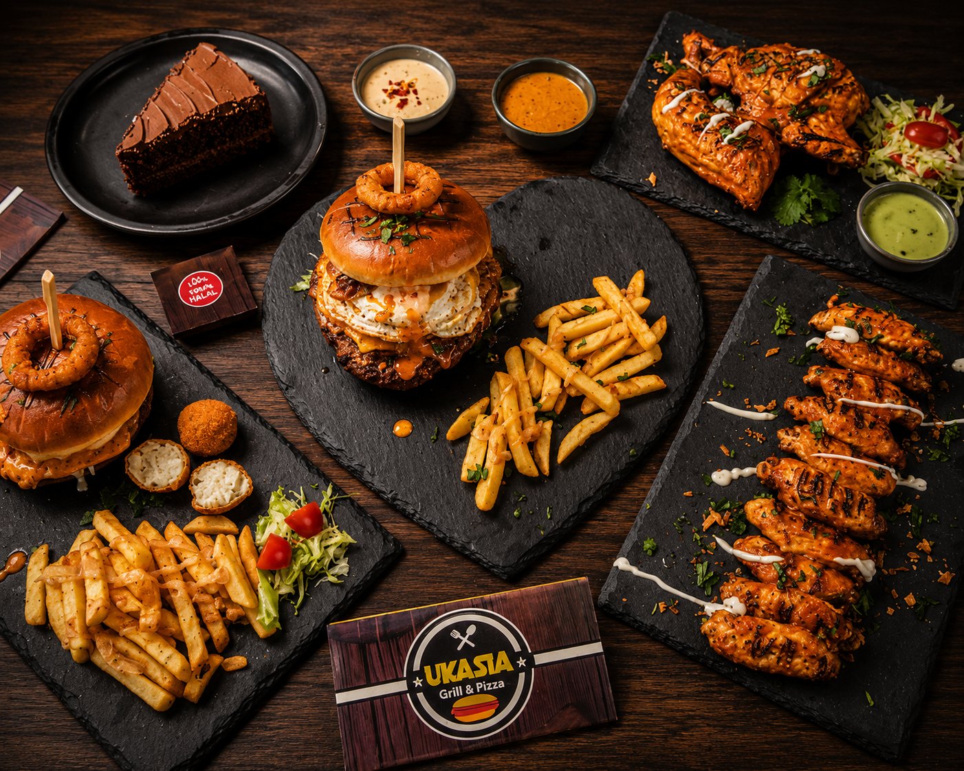 UK Asia signature dishes — burgers, grilled chicken and wings